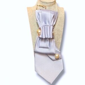 Decorative Light Blue And White Textured Fokded Cravat with Pearl Accents